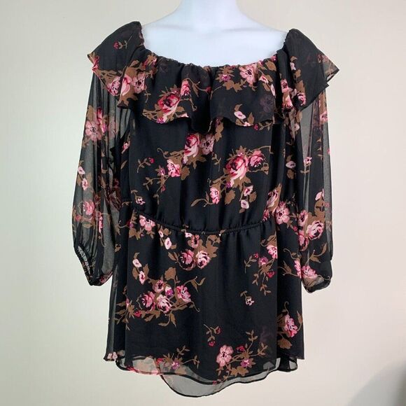 Lane Bryant Blouse 26 3X Plus Black Floral Print Flowy Lined Semi-sheer Ruffle - Picture 1 of 9